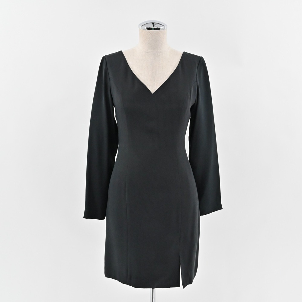 Vtg HUGO BUSCATI Dress Size 2 Collection Silk VNeck Solid Black Long Sleeve Slit